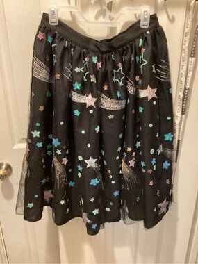 Black Skater Skirt with Multicolor Star Embroidery